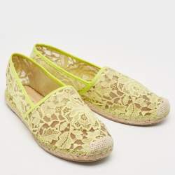 Pre Owned Valentino Neon Yellow Lace and Leather Espadrille Flats Size 39