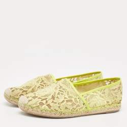 Pre Owned Valentino Neon Yellow Lace and Leather Espadrille Flats Size 39