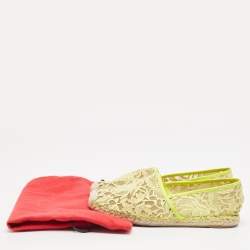 Pre Owned Valentino Neon Yellow Lace and Leather Espadrille Flats Size 39