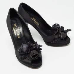 Valentino Black Satin Peep Toe Platform Pumps Size 37.5