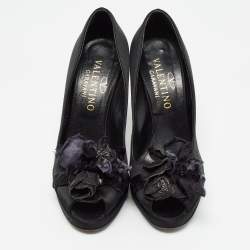 Valentino Black Satin Peep Toe Platform Pumps Size 37.5