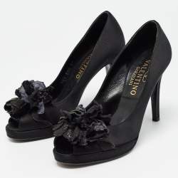 Valentino Black Satin Peep Toe Platform Pumps Size 37.5