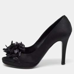 Valentino Black Satin Peep Toe Platform Pumps Size 37.5