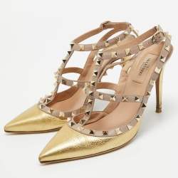 Pre Owned Valentino Gold/Beige Leather Rockstud Ankle Strap Pumps Size 38 