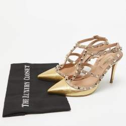 Pre Owned Valentino Gold/Beige Leather Rockstud Ankle Strap Pumps Size 38 