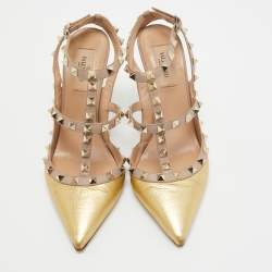 Pre Owned Valentino Gold/Beige Leather Rockstud Ankle Strap Pumps Size 38 