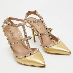 Pre Owned Valentino Gold/Beige Leather Rockstud Ankle Strap Pumps Size 38 