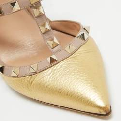 Pre Owned Valentino Gold/Beige Leather Rockstud Ankle Strap Pumps Size 38 