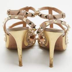 Pre Owned Valentino Gold/Beige Leather Rockstud Ankle Strap Pumps Size 38 