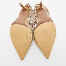Pre Owned Valentino Gold/Beige Leather Rockstud Ankle Strap Pumps Size 38 