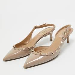 Pre Owned Valentino Beige Patent and Leather Rockstud Slingback Pumps  Size 40
