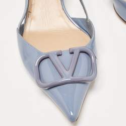 Pre Owned Valentino Blue Patent Leather VLogo Slingback Pumps Size 39.5