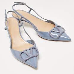 Pre Owned Valentino Blue Patent Leather VLogo Slingback Pumps Size 39.5