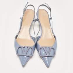 Pre Owned Valentino Blue Patent Leather VLogo Slingback Pumps Size 39.5