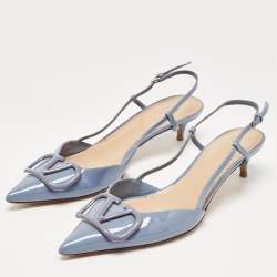 Pre Owned Valentino Blue Patent Leather VLogo Slingback Pumps Size 39.5