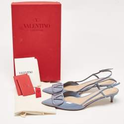 Pre Owned Valentino Blue Patent Leather VLogo Slingback Pumps Size 39.5