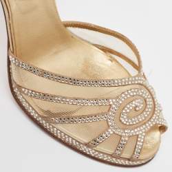 Valentino Gold Mesh and Crystal Embellished Suede Platform Slingback Sandals Size 37