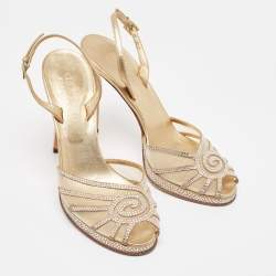 Valentino Gold Mesh and Crystal Embellished Suede Platform Slingback Sandals Size 37