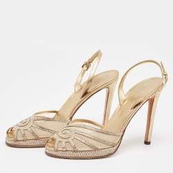 Valentino Gold Mesh and Crystal Embellished Suede Platform Slingback Sandals Size 37