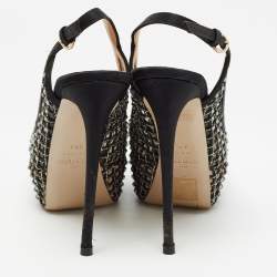 Pre Owned Valentino Black Satin and Leather  Crystal Embellished Pumps Size 37.5  