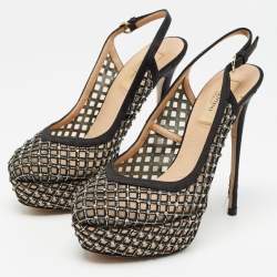 Pre Owned Valentino Black Satin and Leather  Crystal Embellished Pumps Size 37.5  