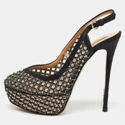 Pre Owned Valentino Black Satin and Leather  Crystal Embellished Pumps Size 37.5  
