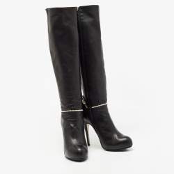 Pre Owned Valentino Black Leather Knee Length Boots Size 38