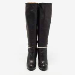 Pre Owned Valentino Black Leather Knee Length Boots Size 38