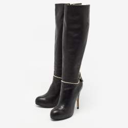 Pre Owned Valentino Black Leather Knee Length Boots Size 38