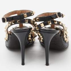 Pre Owned Valentino Black Snakeskin and Patent Leather Rockstud Ankle Strap Pumps Size 37.5