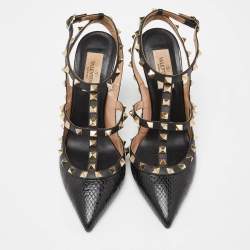 Pre Owned Valentino Black Snakeskin and Patent Leather Rockstud Ankle Strap Pumps Size 37.5