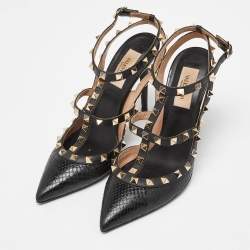 Pre Owned Valentino Black Snakeskin and Patent Leather Rockstud Ankle Strap Pumps Size 37.5