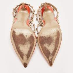 Pre Owned Valentino Orange/Beige Patent Rockstud Ankle Strap Pumps Size 37.5