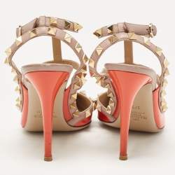Pre Owned Valentino Orange/Beige Patent Rockstud Ankle Strap Pumps Size 37.5