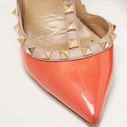 Pre Owned Valentino Orange/Beige Patent Rockstud Ankle Strap Pumps Size 37.5