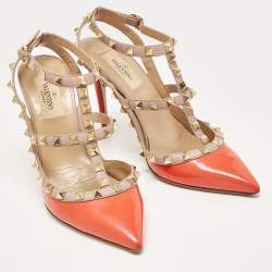 Pre Owned Valentino Orange/Beige Patent Rockstud Ankle Strap Pumps Size 37.5