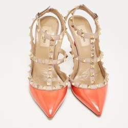 Pre Owned Valentino Orange/Beige Patent Rockstud Ankle Strap Pumps Size 37.5