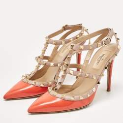 Pre Owned Valentino Orange/Beige Patent Rockstud Ankle Strap Pumps Size 37.5