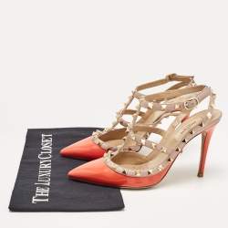 Pre Owned Valentino Orange/Beige Patent Rockstud Ankle Strap Pumps Size 37.5