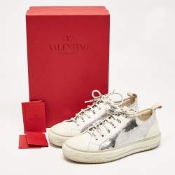 Pre Owned Valentino Silver/White Leather and Sequins Lace Up Sneakers Size  36