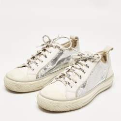 Pre Owned Valentino Silver/White Leather and Sequins Lace Up Sneakers Size  36