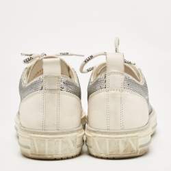 Pre Owned Valentino Silver/White Leather and Sequins Lace Up Sneakers Size  36