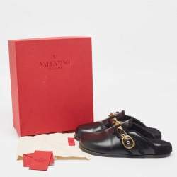 Pre Owned Valentino Black Leather Roman Stud Sabot Flat Clogs Size 38.5