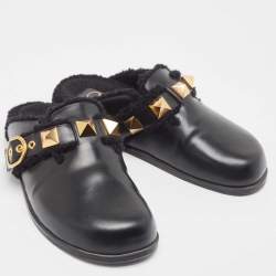 Pre Owned Valentino Black Leather Roman Stud Sabot Flat Clogs Size 38.5
