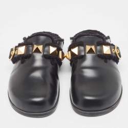 Pre Owned Valentino Black Leather Roman Stud Sabot Flat Clogs Size 38.5