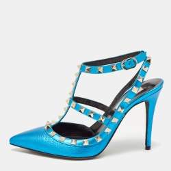 Pre Owned Valentino Metallic Blue Leather Rockstud Ankle Strap Pumps Size 37.5