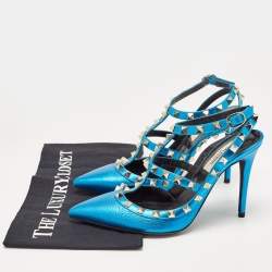Pre Owned Valentino Metallic Blue Leather Rockstud Ankle Strap Pumps Size 37.5