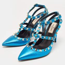 Pre Owned Valentino Metallic Blue Leather Rockstud Ankle Strap Pumps Size 37.5