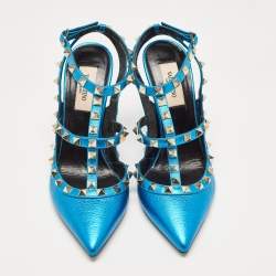 Pre Owned Valentino Metallic Blue Leather Rockstud Ankle Strap Pumps Size 37.5