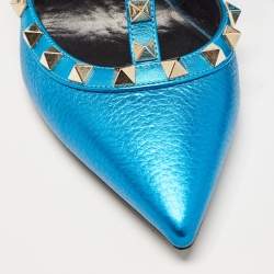 Pre Owned Valentino Metallic Blue Leather Rockstud Ankle Strap Pumps Size 37.5